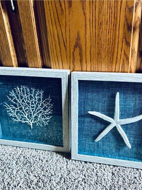 Coastal Coral & Starfish Wall Art - Blue White Wood Frames